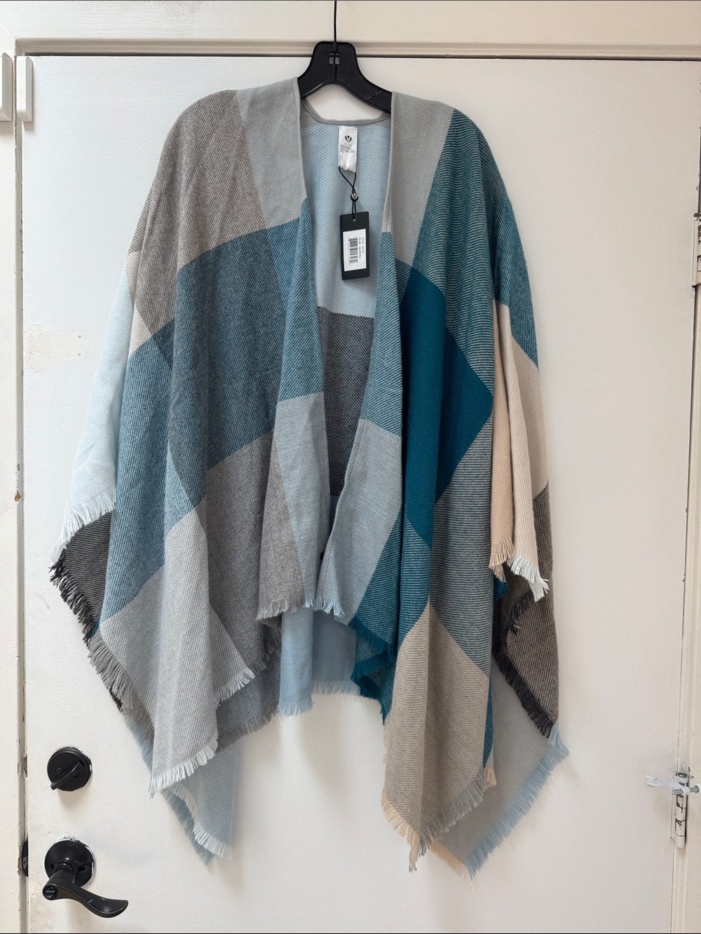 Fraas Colorblock Shawl Wrap in Teal, Light Blue, Gray & Cream